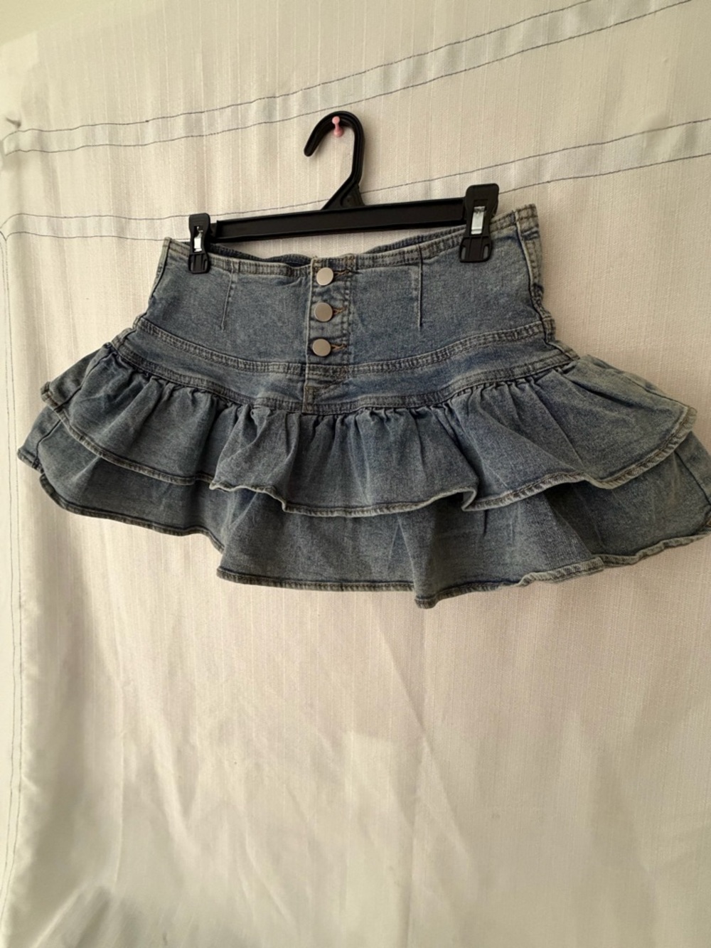 Denim Ruffle Skort High Waist Blue Jean Built-in Shorts women’s Size L  (A580)